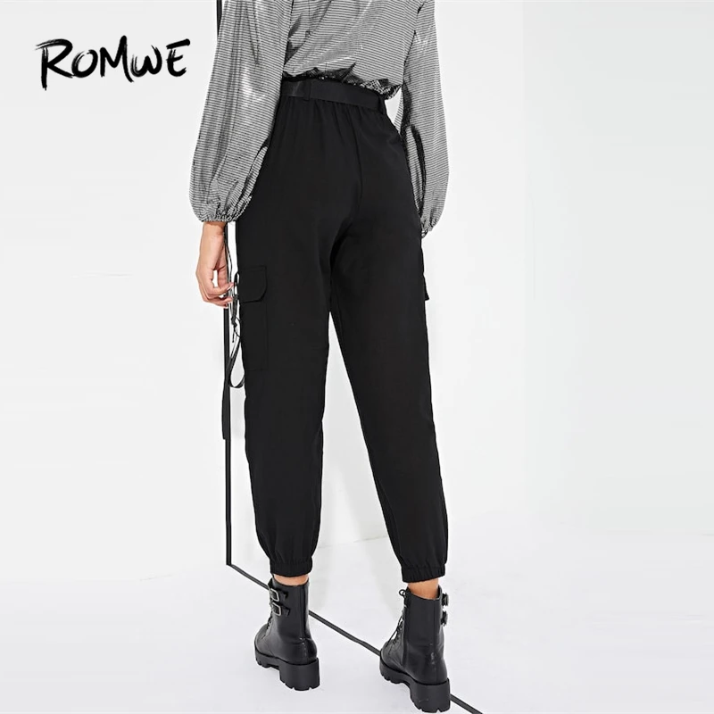 ROMWE Woman Black Crop Cargo Utility Pants With Slashes Fashion Belt High Waist Pockets Detail Pants Spring Casual Trousers