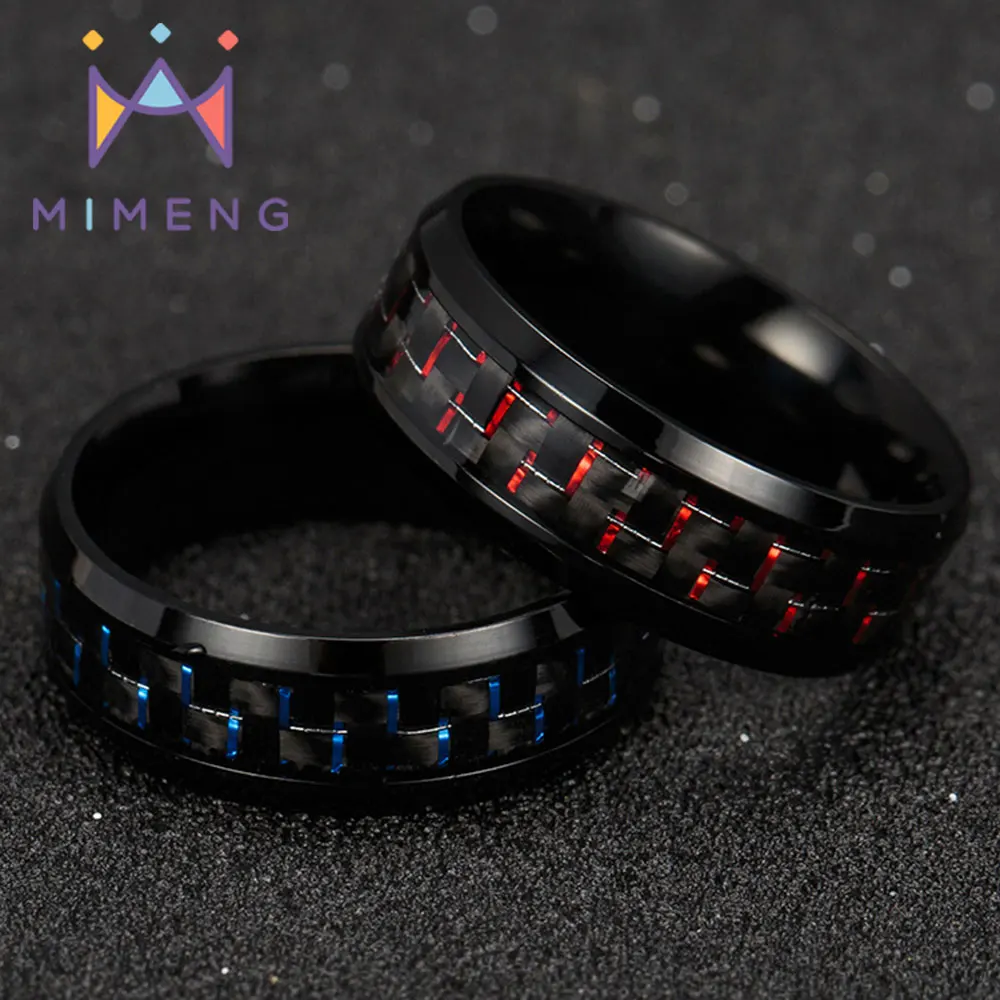 Mimeng Black Tungsten Carbide Blue and red Carbon Fibre Inlay Men Women