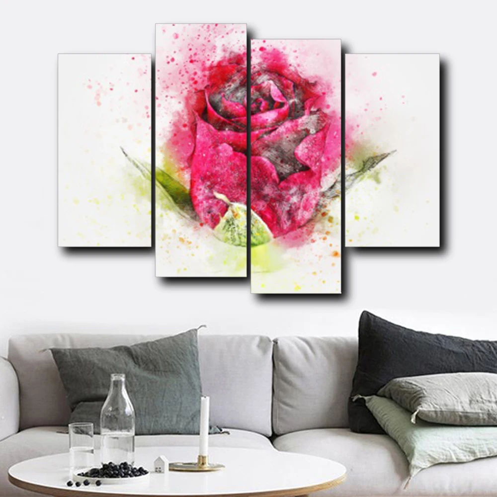 

Laeacco Watercolor Wall Art 4 Panel Rose Garden Posters and Prints Canvas Painting Nordic Home Living Room Wedding Decoration