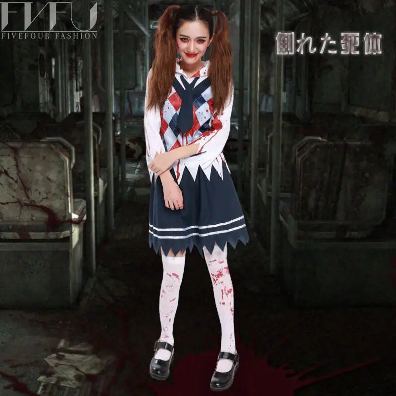 2017 Моды Хэллоуин Костюмы Для Женщин Кровавый Студенческие Мундиры Костюм