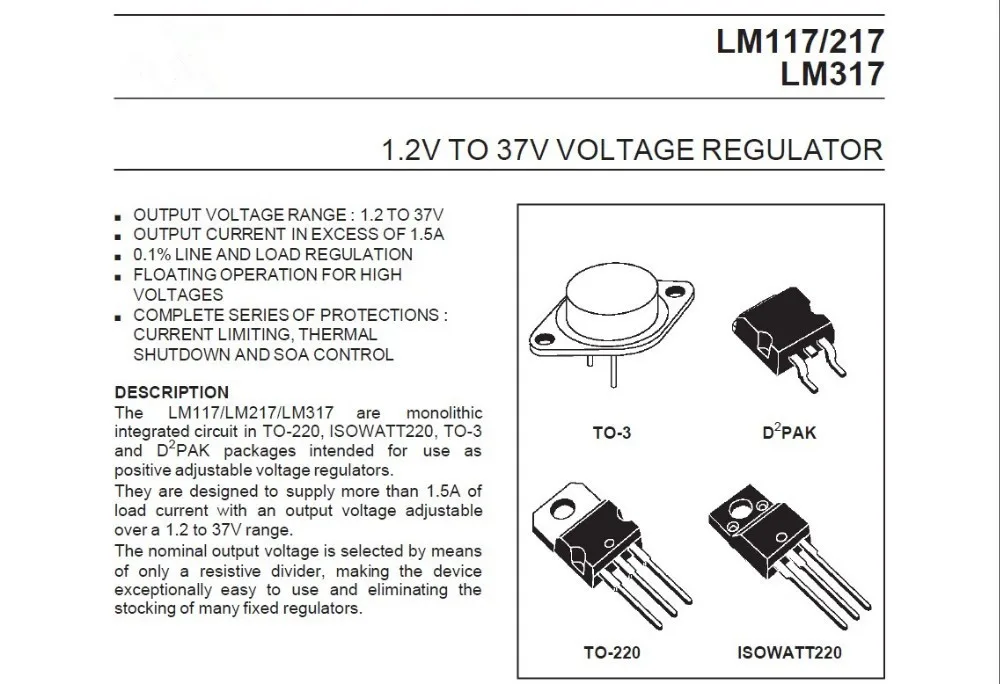 10 x LM317T LM317 Régulateur de tension 1.2 V à 37 V 1.5 A ST TO-220