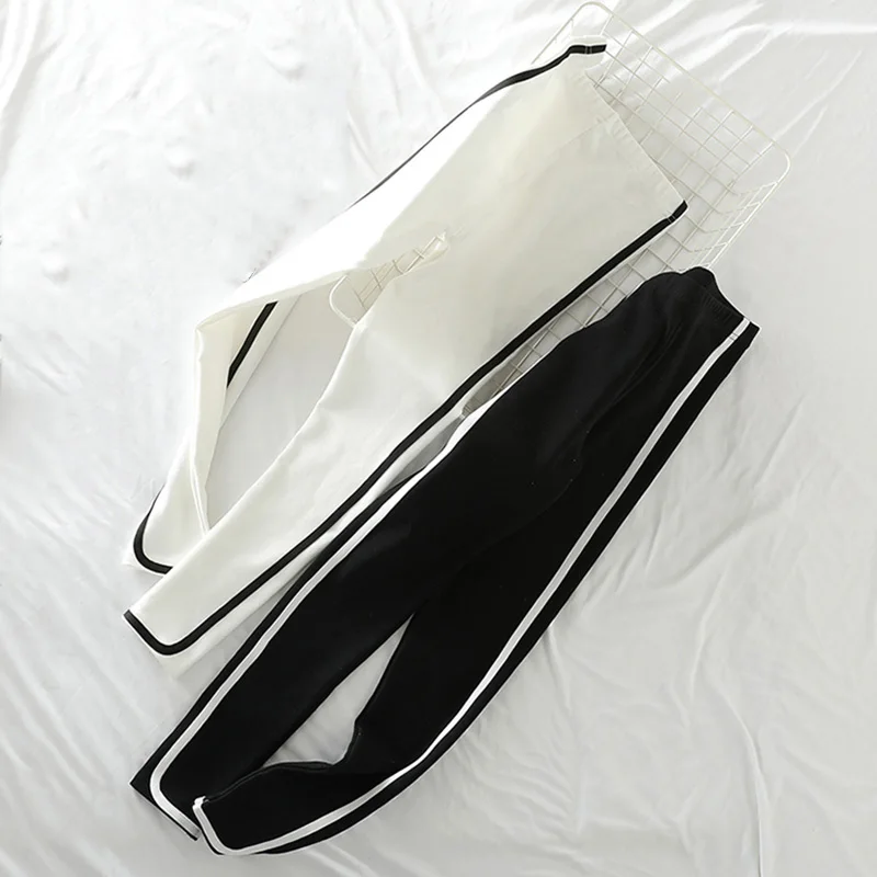 

2019 Spring Sport women's Trousers Student Stripe Women's Pants Elastic Casual female Black Cargo Pants for Women
