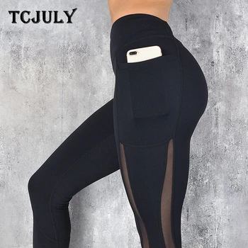 

TCJULY High Waisted Mesh Leggings With Pockets Skinny Push Up Women's Workout Pants Breathable Quick Dry Stretch Fitness Leggins