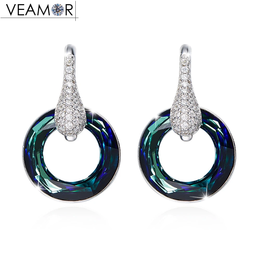 

VEAMOR 925 Sterling silver romantic love circle stud earrings for women luxury blue crystal earring made with Austria crystals