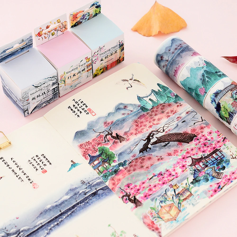 

Chinese Landscape Flowers Plants Vintage Scenery Decoration Washi Tape DIY Planner Diary Scrapbooking Masking Tape
