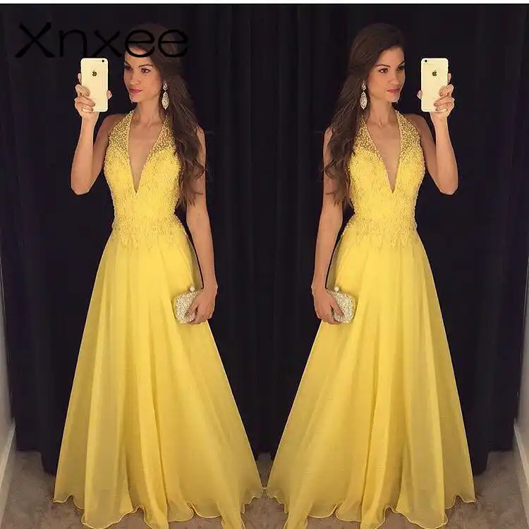 Xnxee Vestido Largo De Encaje Amarillo Sin Mangas Para Mujer Vestido Largo Elegante Con Cuello De Pico Profundo Y Cuello Halter Para Fiesta De Noche De Verano 2018 Vestidos Aliexpress