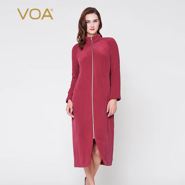 Cheap VOA multi-piece red stitching heavy silk long parkas  simple zipper high collar winter coat female M6221