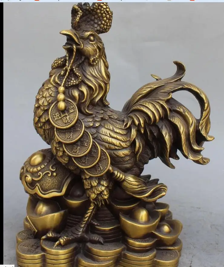 

fafa8800133<<12" Chinese Brass Wealth Money YuanBao Zodiac Year Animal Chicken Statue