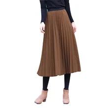 Зимняя шерстяная юбка Женская длинная Плиссированная юбка Толстая Осенняя Весенняя эластичная талия трапециевидная повседневная юбка средней длины 2849LY