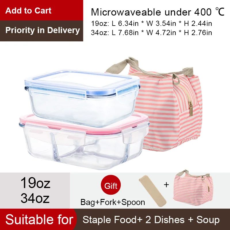 Здоровый материал Ланч-бокс 3 отделения коробки микроволновая посуда контейнер для хранения еды Ланч-бокс стеклянный контейнер - Цвет: 19oz-34oz-Pink Bag