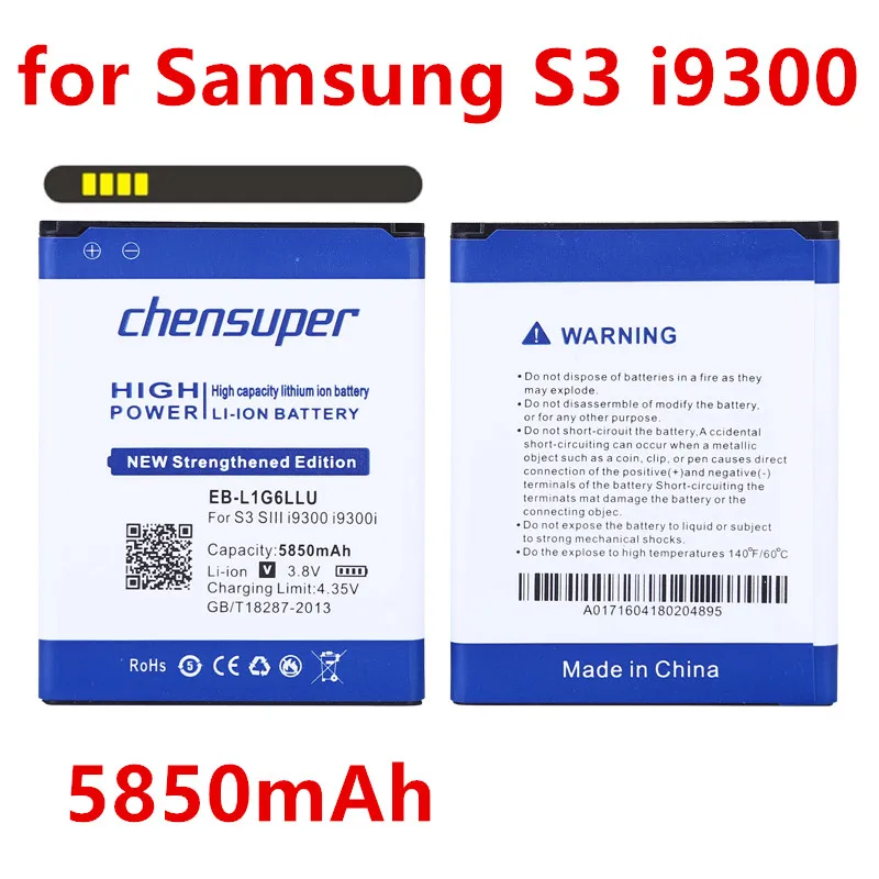 

Original chensuper 5850mAh Battery For Samsung Galaxy S3 I9300 I9308 i9082 i9305 T999 EB-L1G6LLU Replacement Phone Batteries