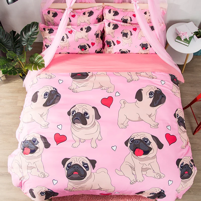 

Free shipping Holiday Christmas Gift Pug Dog Hearts Pattern Pink Girl Bedding Duvet Cover Set Pillow Case Sham EU US Size