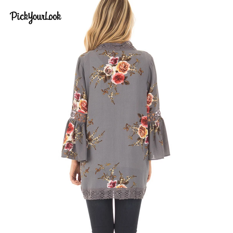 PickyourLook женский кардиган с длинным рукавом, женские топы, кружевной кардиган, Осенний лоскутный цветочный кардиган размера плюс, Женский кимоно, кардиган, верхняя одежда