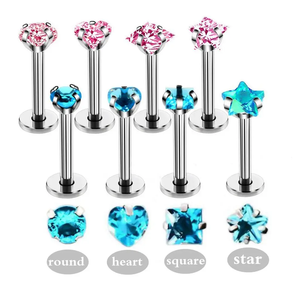 5 pcs/lot Heart CZ Zircon Labret Lip Piercing Jewelry Surgical Steel
