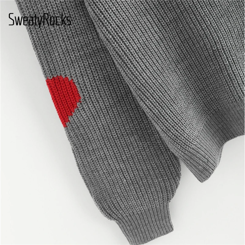 SweatyRocks Grey Knit Autumn Sweater Heart Insert Raglan Sleeve Women Jumper Long Sleeve Pullover Clothes 2018 Womens Sweaters