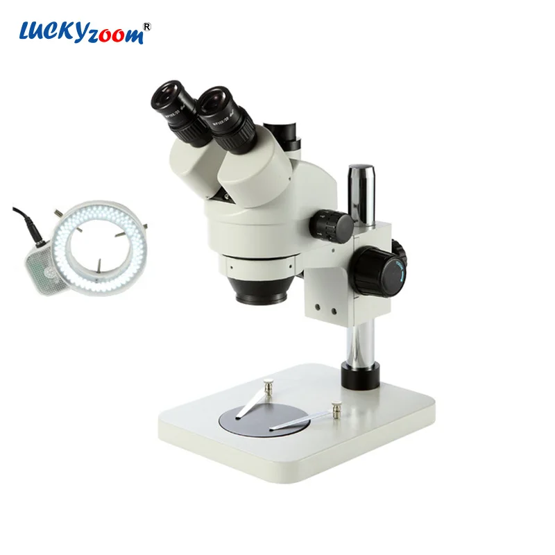 

Lucky Zoom Brand 7X-45X Table Pillar Stand Stereo Trinocular Microscope 144 LED Ring Light Zoom Microscope For PCB Inspection