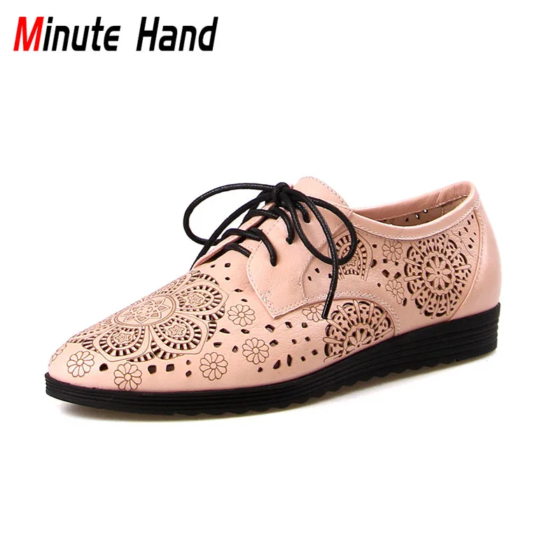 

Minute Hand Cow Leather Fashion Floral Fretwork Brogue Shoes For Women Lace Up Breathable Hollow Out Casual Shoes Spring Autumn