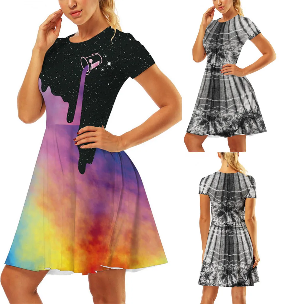 Модное ТРАПЕЦИЕВИДНОЕ мини-платье для женщин с 3D принтом, коротким рукавом и круглым вырезом, винтажное женское Повседневное платье c708