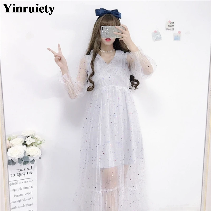 

Japanese Spring Summer Women Mesh Dress Korean Ulzzang V Neck Sequins Party Dress Cute Kawaii Elegant Girl's Sweet Dress