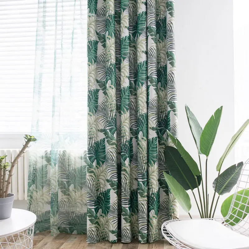 Modern Pattern Tropical Printed Blackout Curtains Green Leaves for