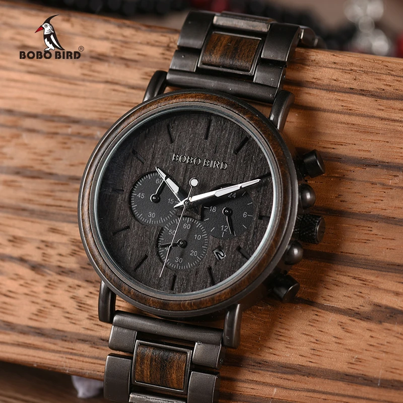 BOBO BIRD Luxury Wood Stainless Steel Men Watch Stylish Wooden Timepieces Chronograph Quartz Watches relogio masculino W-Q26