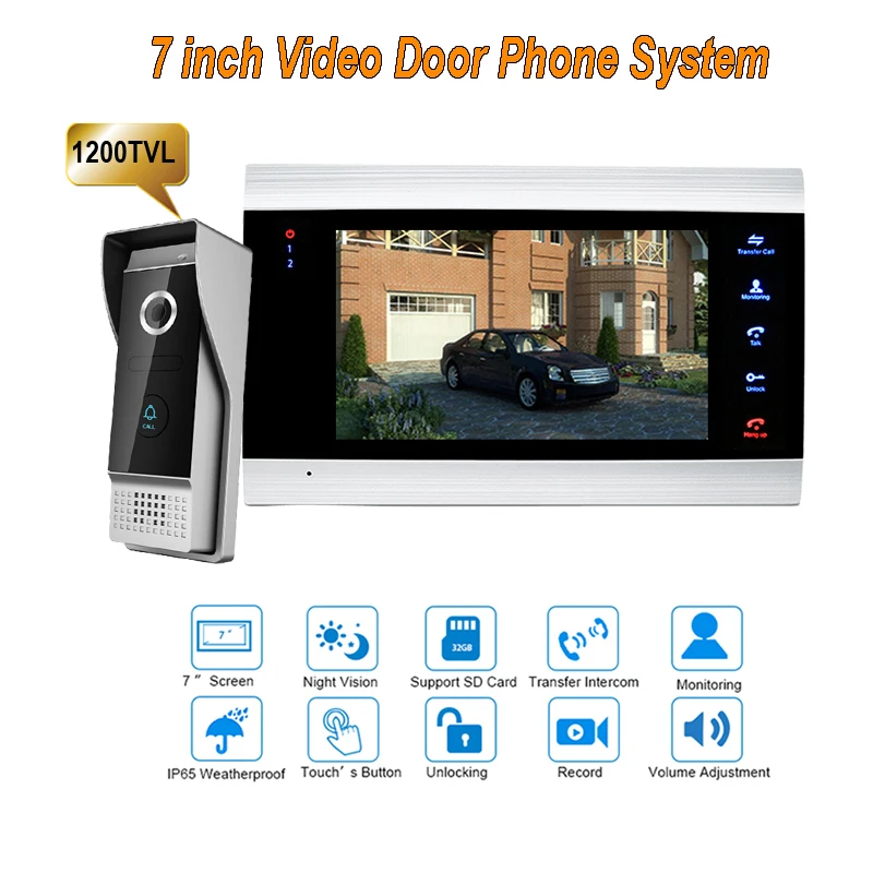 

7 Inch Video Door Phone Recording HD 1200TVL 1 IR Night Doorbell Camera and 1 Hands Free Monitor Intercom Doorbell