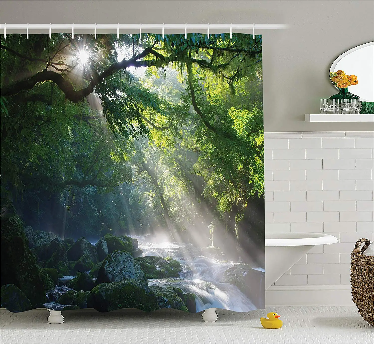 

Rainforest Decor Shower Curtain Stream in the Jungle Stones under Shadows of Trees Sunlight Mother Earth Bathroom Accessories