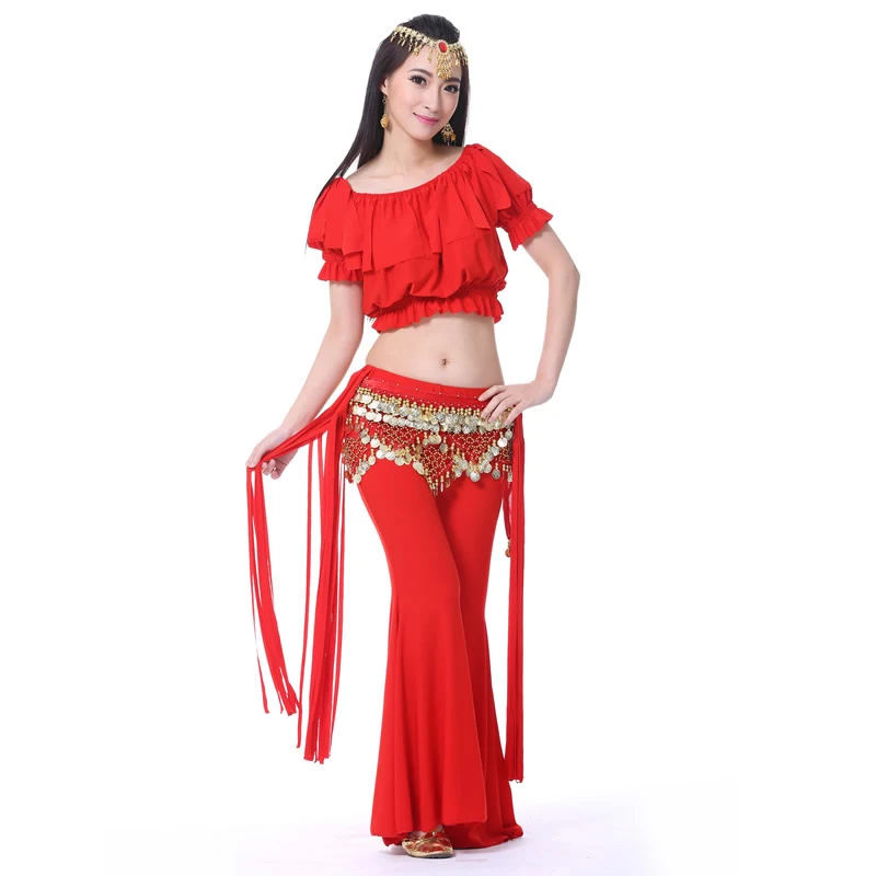 

Women Belly Dance Costume 3 Pieces Set Outfits Modal Clothes Plus Size Bellydance Top Belt Pants Tassels