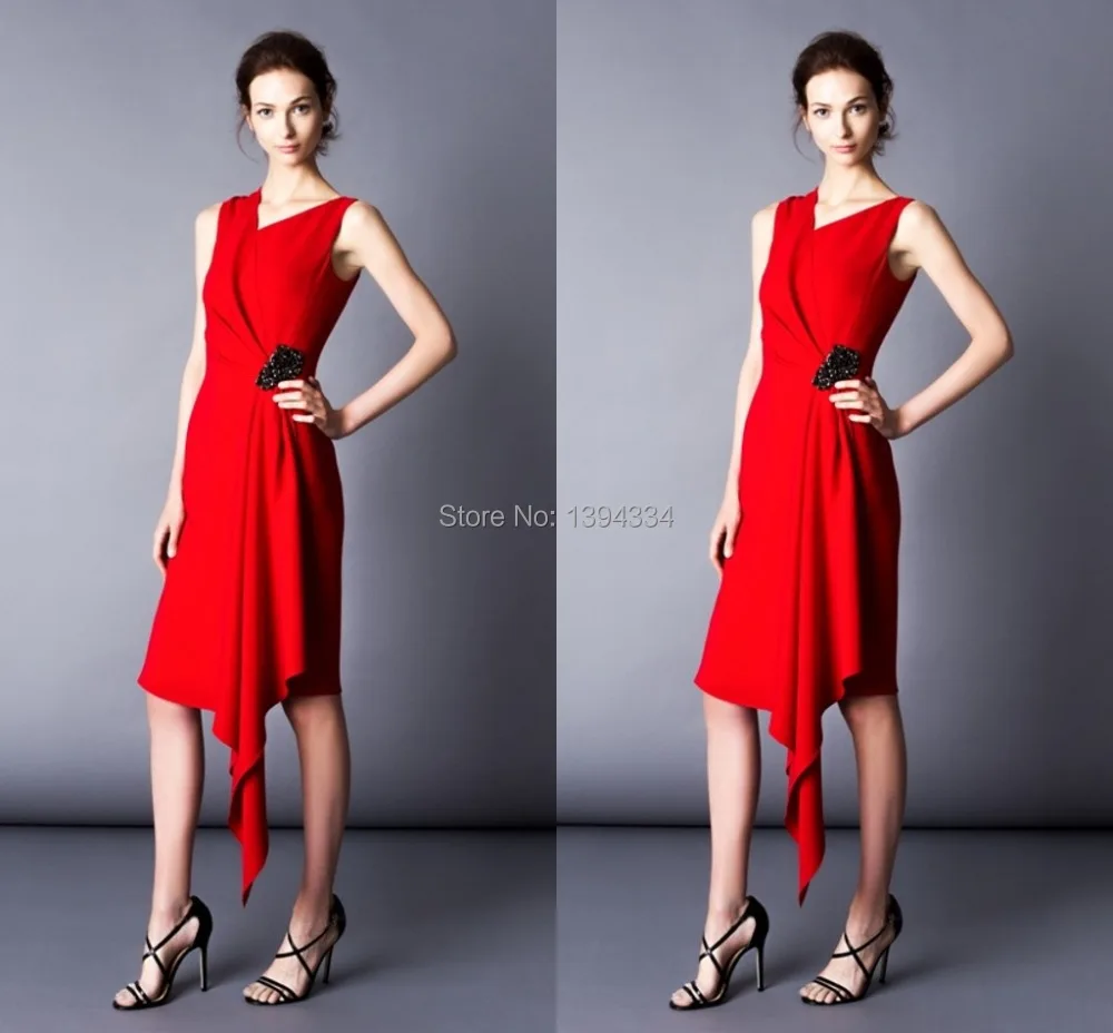 Angel Sanchez 2015 Sale Evening Dresses Sheath V Neck Short Knee Length Red Satin Applique High Quality Vintage Formal Prom Gown | Свадьбы и