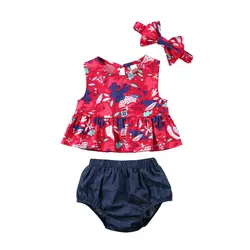 Новорожденных для маленьких девочек цветочный Майки Джинсовые укороченные брюки головная повязка 3 шт. наряды 0-24 м для маленьких девочек с