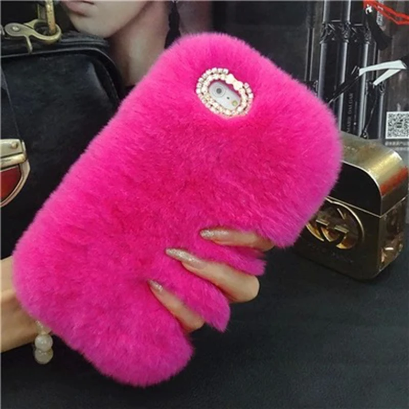 

New Fashion Rabbit Hair Skin Hard Phone Cases For for iphone 7 6 6S 7 plus 5 5s SE Bling Diamong Fundas Protective Cover Capa