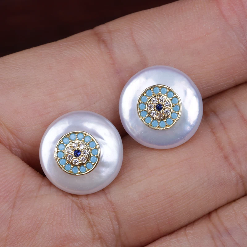 multi options pattern choosable micro pave colorful cz gold tiny charm natural coin freshwater pearl stud earrings for women