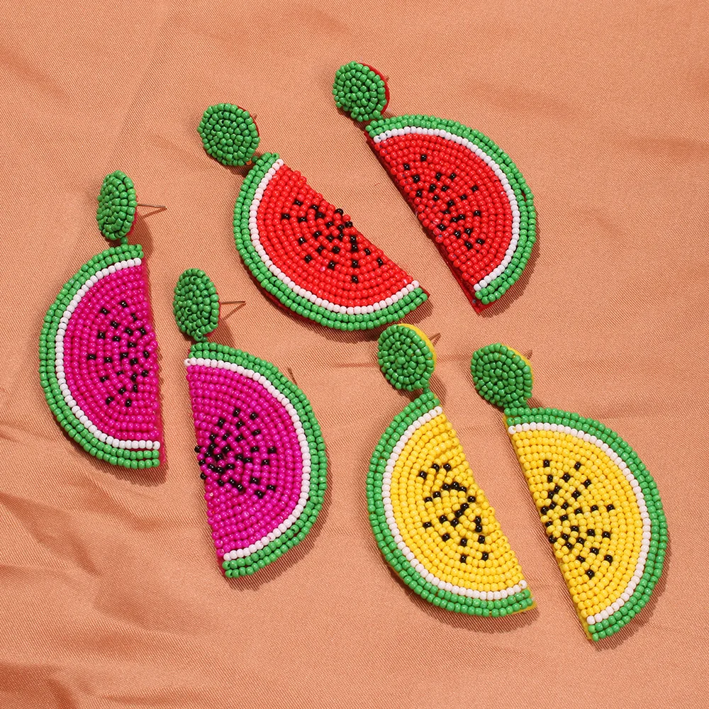 

Bohemia Fruit Watermelon Shape Beads Drop Dangle Earrings Handmade Red Yellow Beaded Earrings Female Wedding Pendant Jewelry