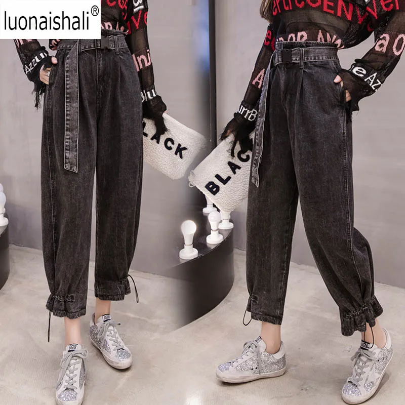 Cintura Mujer De Harem Mujeres Otoño 2018 Casual Streetwear Novio Las Pantalones Negro Elástico Mezclilla Alta Celebridad Vaqueros Abrigo nZpwRYHq1