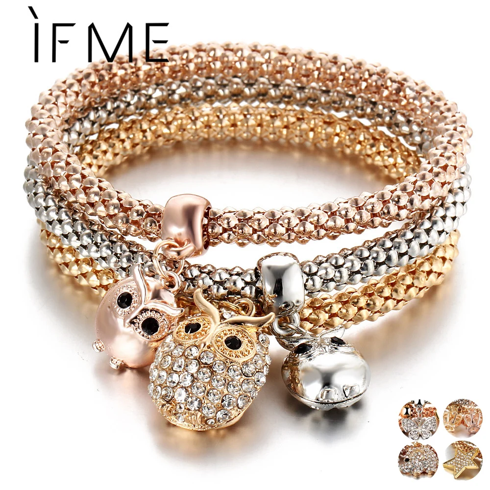 

3 Pcs/Set Crystal Owl Crown Charm Bracelets&Bangles 3 Color Rose Gold Color Elephant Anchor Pendants Rhinestone Bracelet Women