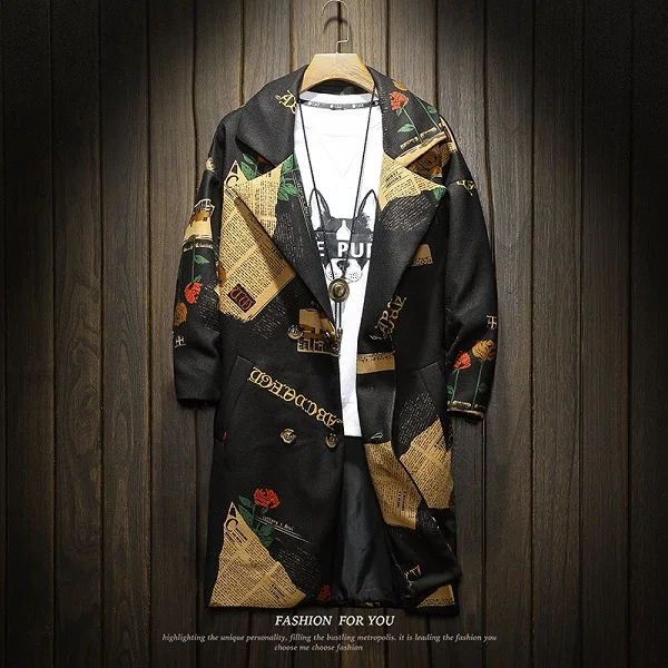 Мужской Тренч, новинка, модное длинное пальто с цветочным принтом, Осень-зима, японский стиль, ветровка с карманами, Тренч, куртки для мужчин - Цвет: BLACK