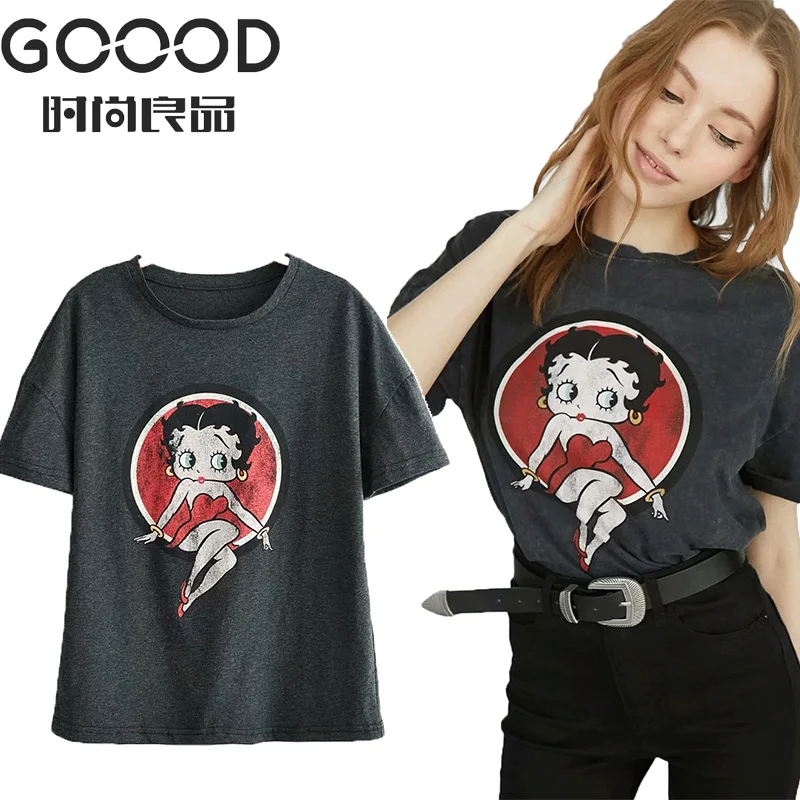 

GOOOD Cute Cartoon Print 2019 Women Cotton T-shirt Summer Casual Short Sleeve O-Neck T-shirt Ladies Grey Cute Tee Brand Top