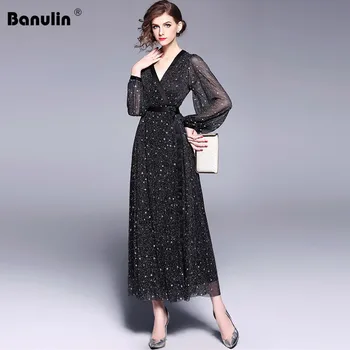 

Banulin 2019 Fashion Designer Runway Maxi Dress Women's Lantern Sleeve Sexy V-Neck Elegant Evening Party Dress Vestidos