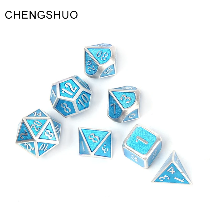 

Chengshuo rpg metal dice dnd polyhedral set dungeons and dragons 7pcs d20 10 8 12 table game dados Zinc alloy blue digital dices