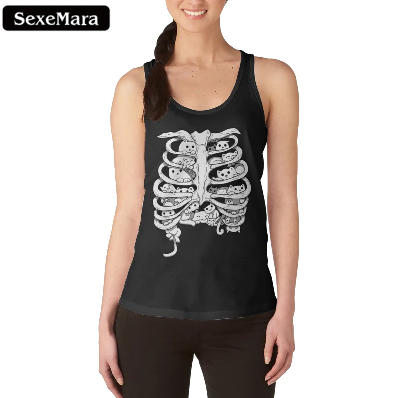 

SexeMara Harajuku Women Tank Tops Print Cute Cat on cheekbone Graphic Sleeveless Tops Tee Black Casual Vest