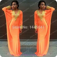 Luxus Abendkleider Gold Lange Muslimischen avondjurken 2016 langarm strass V-ausschnitt Perlen Orange Prom Party Kleider Kaftan
