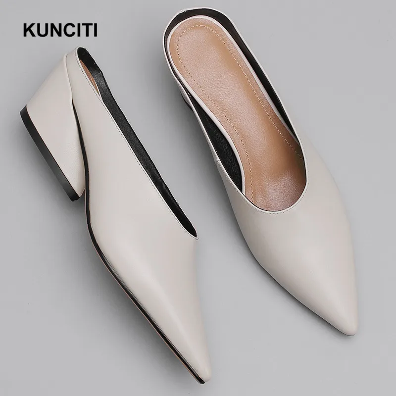 

2019 Newest Style Women Leather Slippers Pointy Toe Ladies Scuffs Fashion Mules Shoes Genuine Leather Women Shoes Lady T915