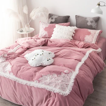 

Pink Princess Style White Lace Flowers Embroidery Girl Fleece Fabric Bedding Set Flannel Duvet Cover Bed Sheet/Linen Pillowcases