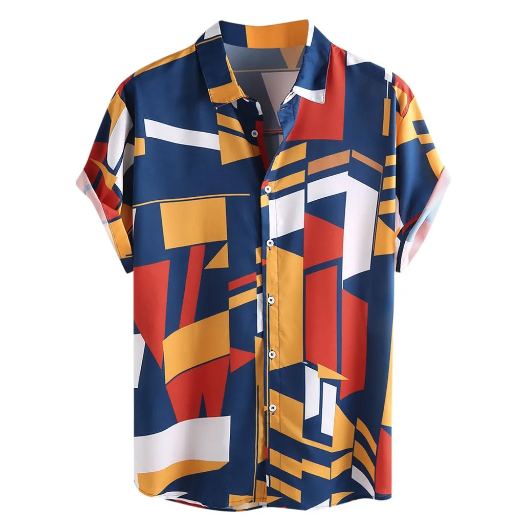 

2019 men's clothing Mens Contrast Color Geometric Printed Turn Down Collar Short Sleeve Loose Shirts Hauts pour hommes Plus Size