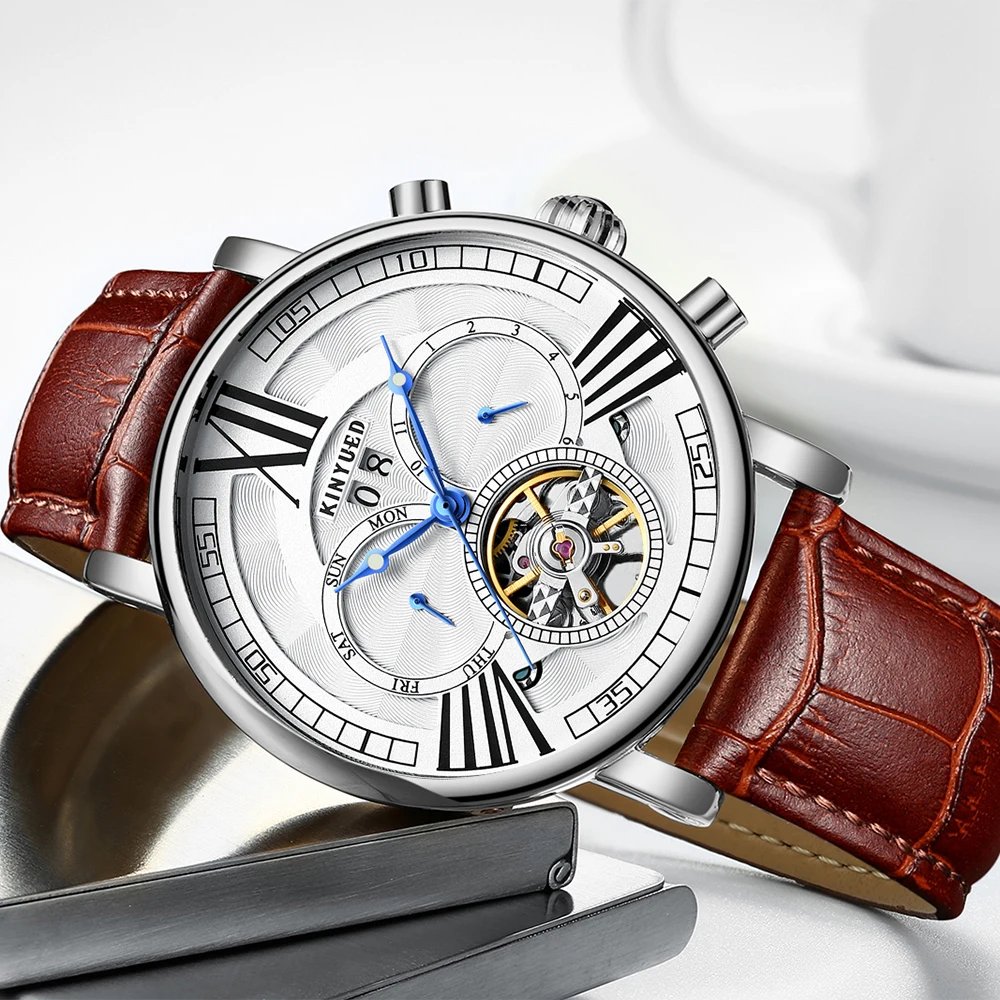 

KINYUED Fashion Brand Luxury Automatic Watch Men Perpetual Calendar Tourbillon Mechanical Watches Man reloj automatico de hombre