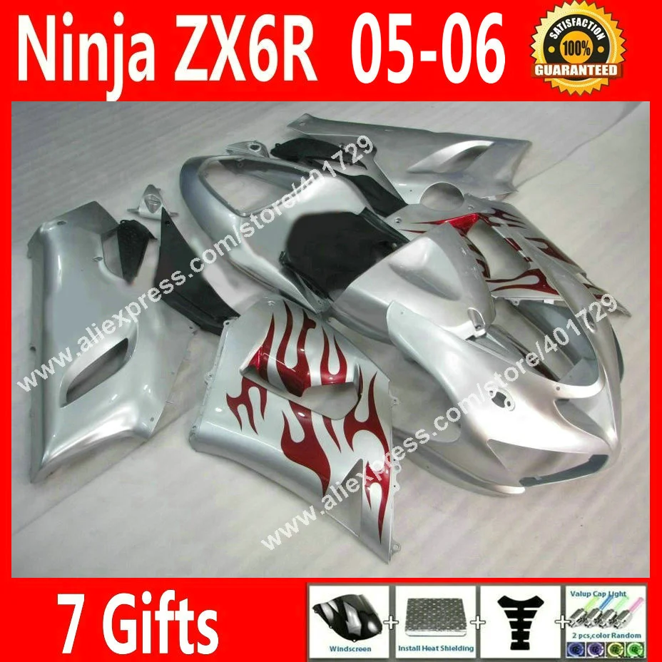 Hot sale Fairings for motorcycle Kawasaki ZX6R 2005 2006 ninja 636 05 06 silvery grey red flames fairing kits DV36
