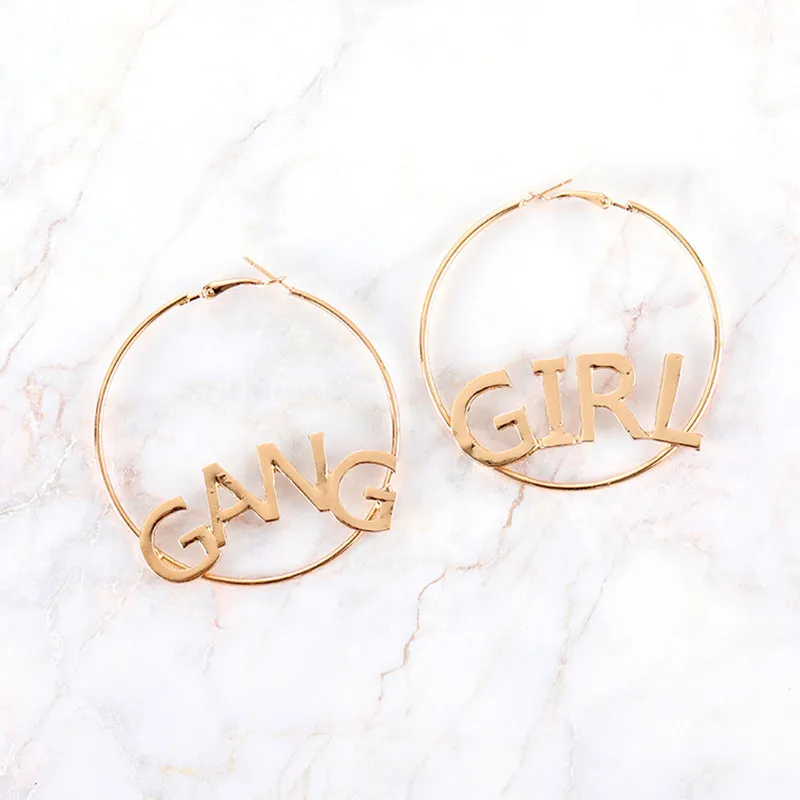 

Hot Statement Jewelry Girl Gang Letter Big Hoop Earrings For Women Simple Gold Punk Large Circle Earrings Jewelry