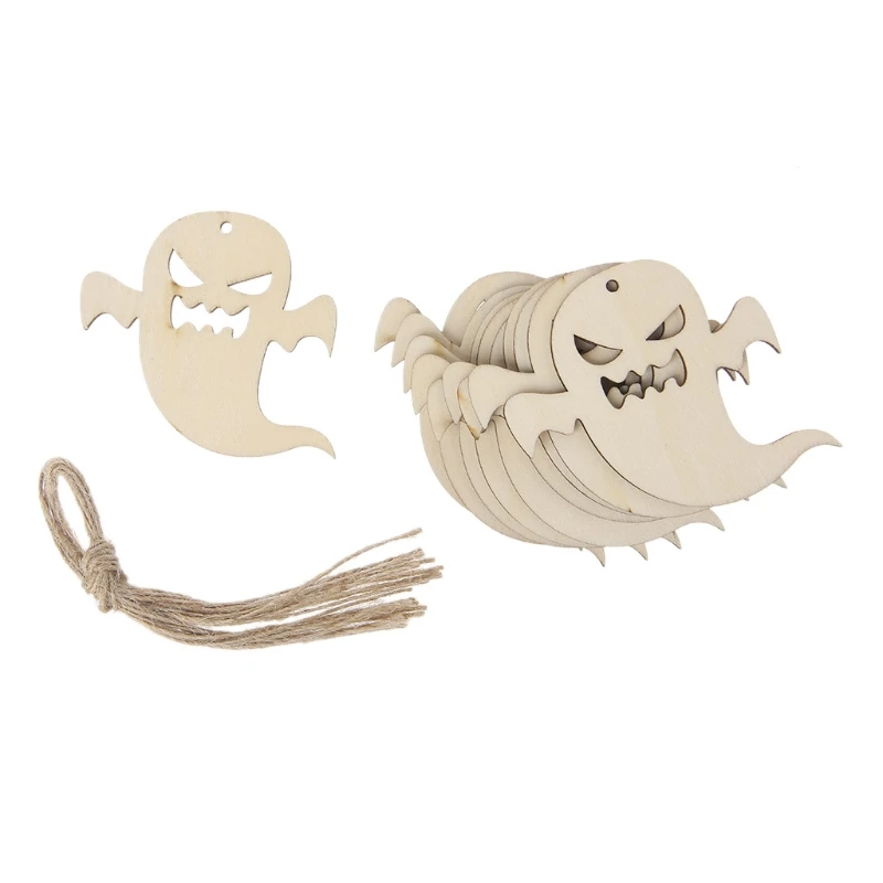 

10Pcs Wooden Halloween Ghost Hanging Pendant Home Decor DIY Ornaments With Rope