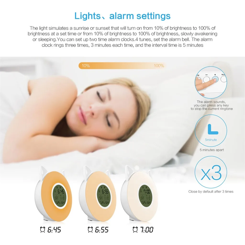 

Multi-function Wake-up Light Alarm Clock night light with Temperature Music Colorful night light with motion sensor