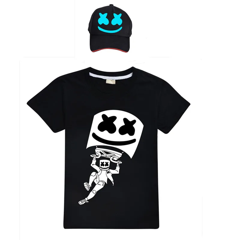 

Marshmello Kids Sweatshirts Summer Fortnight Hoodie Top Modis Cartoon DJ Print T-shirt+Caps For Girls Boys Shirts Cotton Clothes
